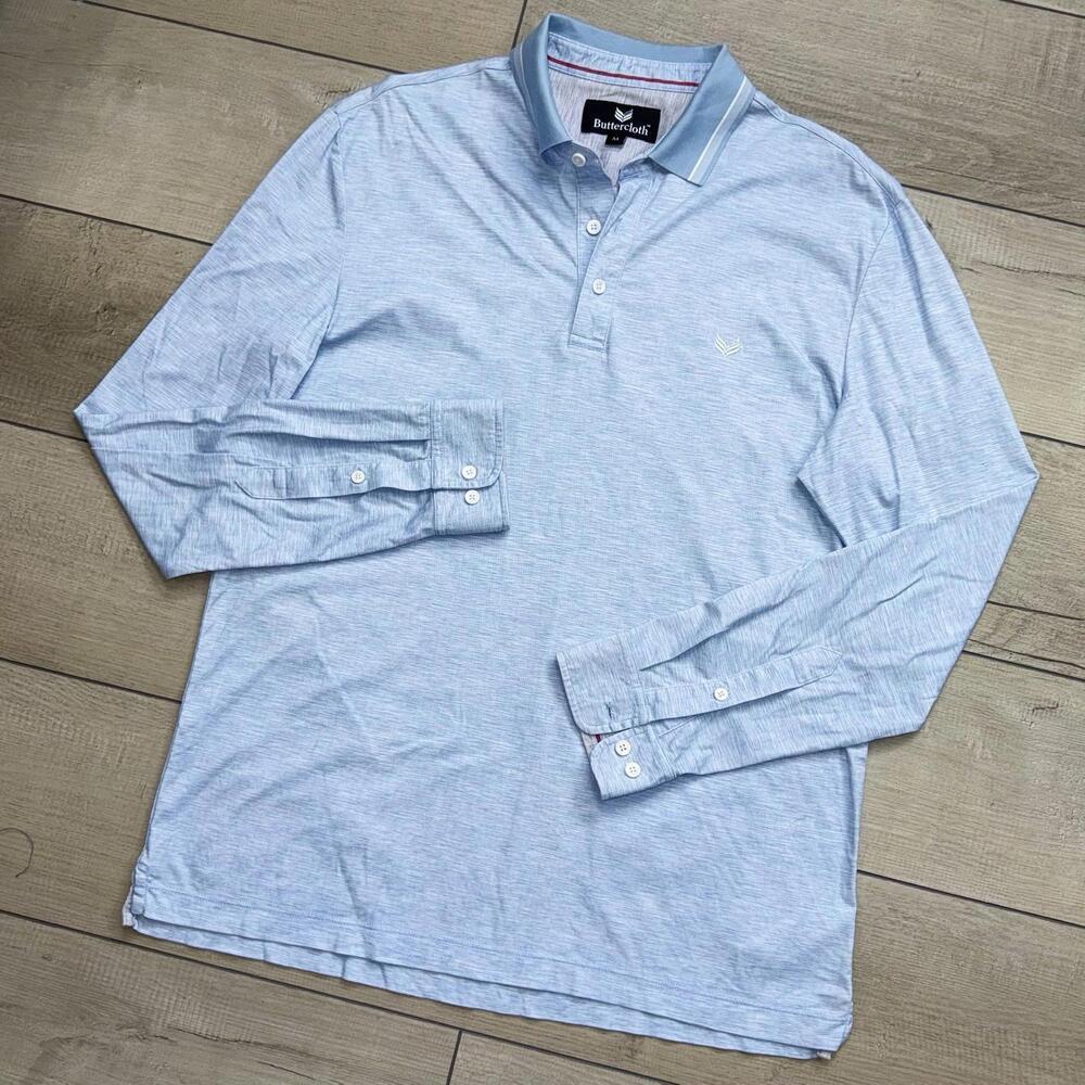 Buttercloth Blue Long Sleeve Polo Shirt Sz M Cotton Contrast Collar AOP Stretch